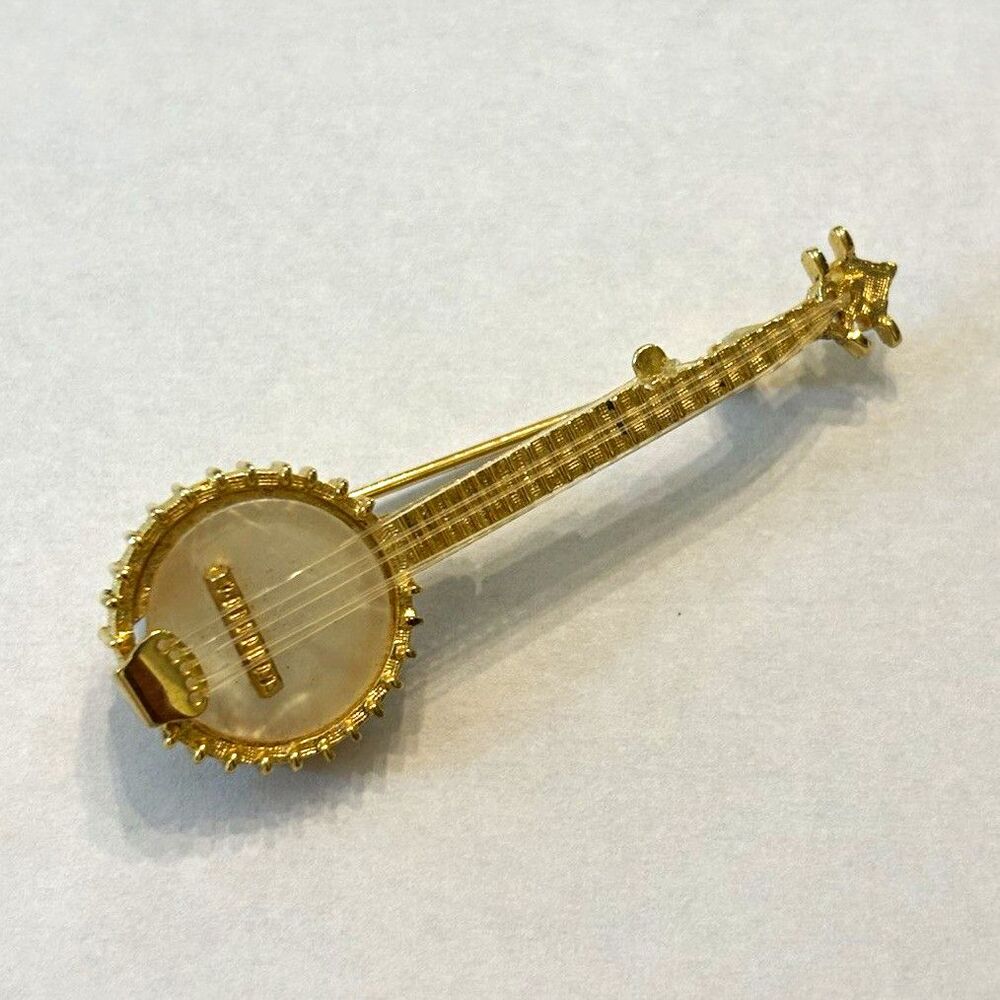 Vintage Cellini Gold Tone Banjo Shaped Brooch Pin Music & Dance